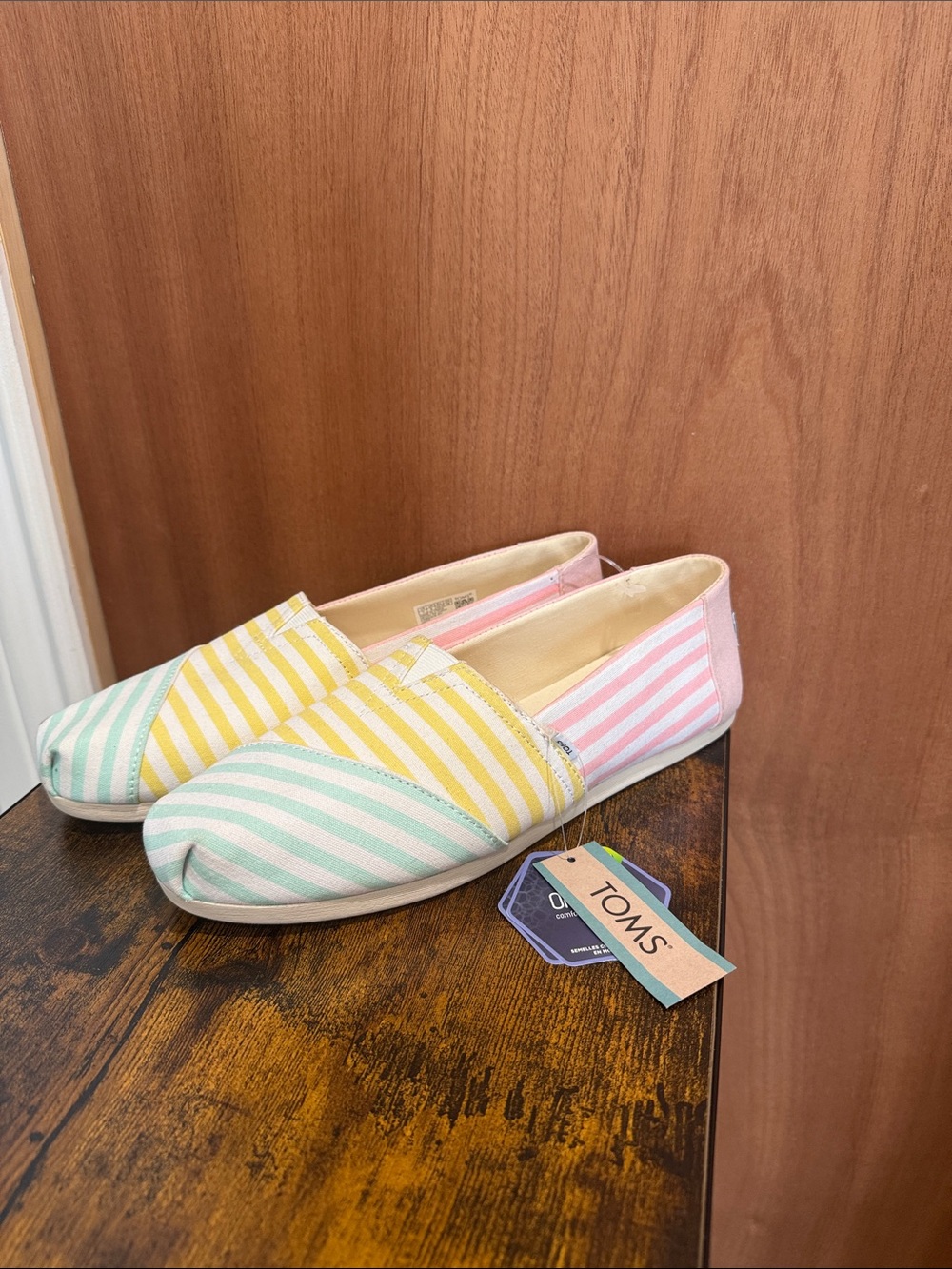 Toms Striped Slip-On Flats in Mint, Yellow & Pink